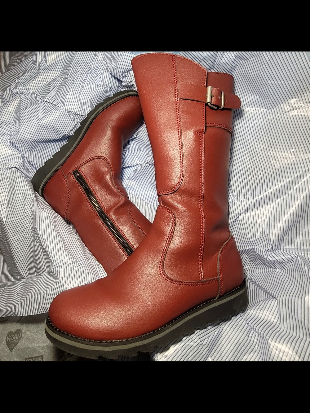 Action Boot 3 zip up buckle adjuster US women's 7 in Cherry by Vegetarian Shoes